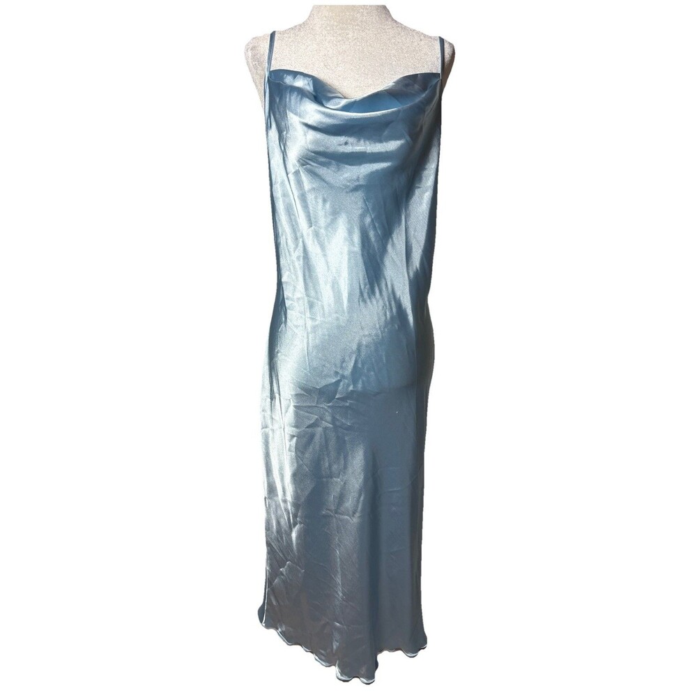 Bebe Satin Slip Dress Blue Cowl Neck Midi Spaghetti Strap Size Medium Party - Picture 2 of 9